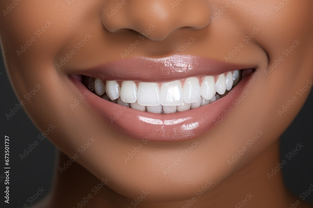 Fototapeta premium Beautiful Bright Smile. Close-Up of Black Woman with Perfect White Teeth on Solid Dark Background