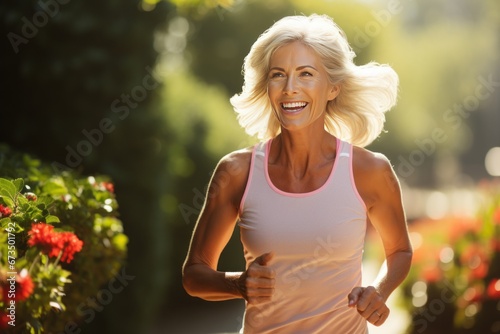 Active Senior Woman Engages in Refreshing Morning Run Outdoors on a Bright and Sunny Summer Day
