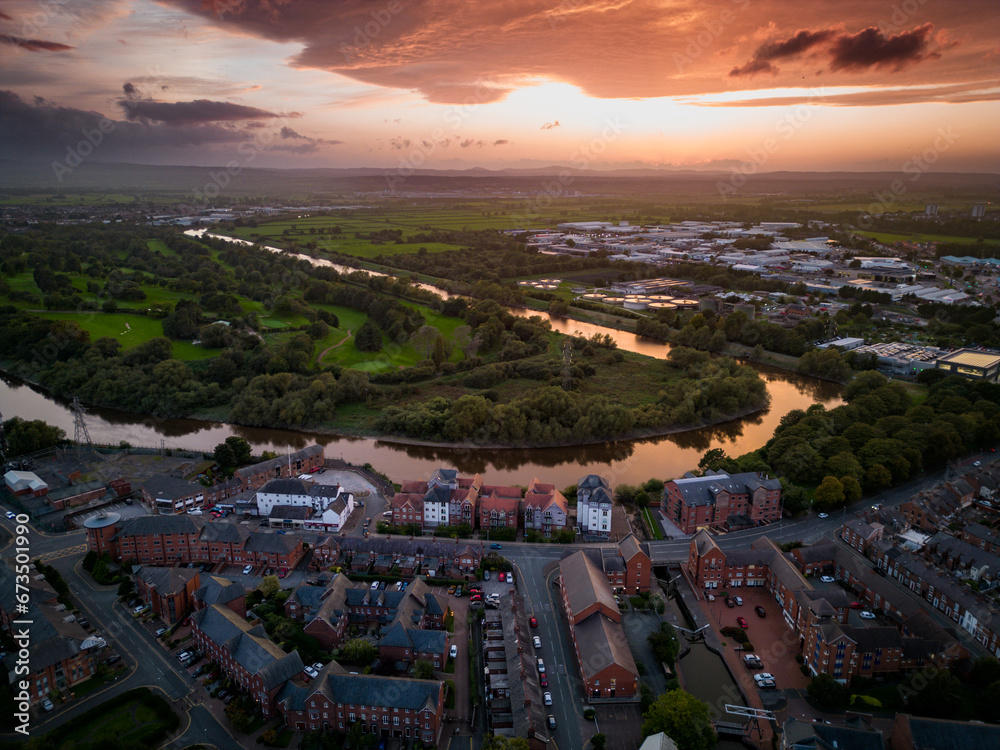 Sunset over Chester City in UK (North West England) - View to river Dee - Drone Picture