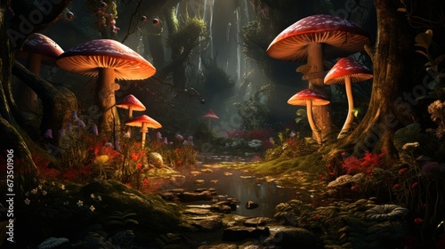 Mushroom. Fantasy Glowing Mushrooms in mystery dark forest close-up. Beautiful macro shot of magic mushroom  fungus. Border art design. Magic scene  light in night forest. Wide banner