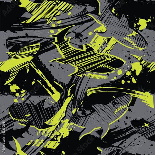 Abstract seamless pattern with shark silhouette on grunge linear background with arrows, text dangerous power attack. Shark silhouette repeat ornament. Big fish predator repeat print for sport textile