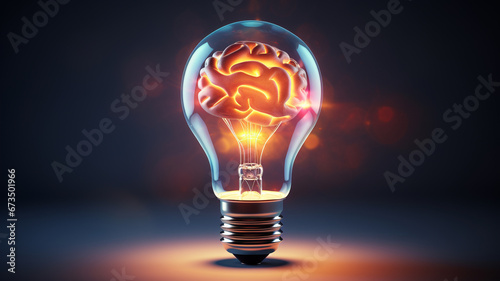 light lamp and human brain on dark background, idea innovation