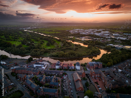 Sunset over Chester City in UK (North West England) - View to river Dee - Drone Picture
