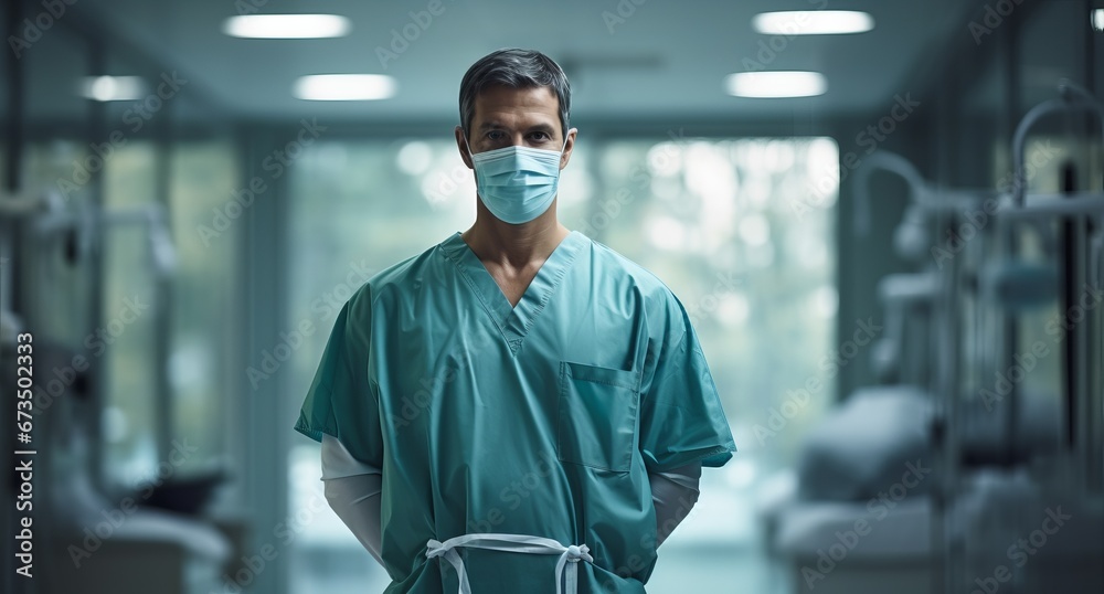 Male medical doctor surgeon. Sterile medical uniform with a mask on the face. A man in front of an operating room. Concept: healthcare