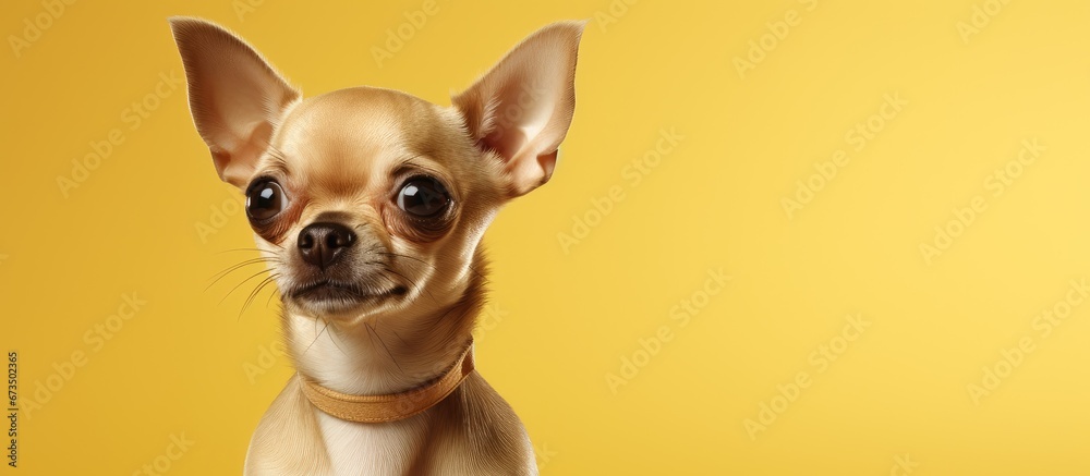 A petite Chihuahua expresses its emotions against a light yellow backdrop Chihuahuas hold the distinction of being the tiniest officially recognized breed