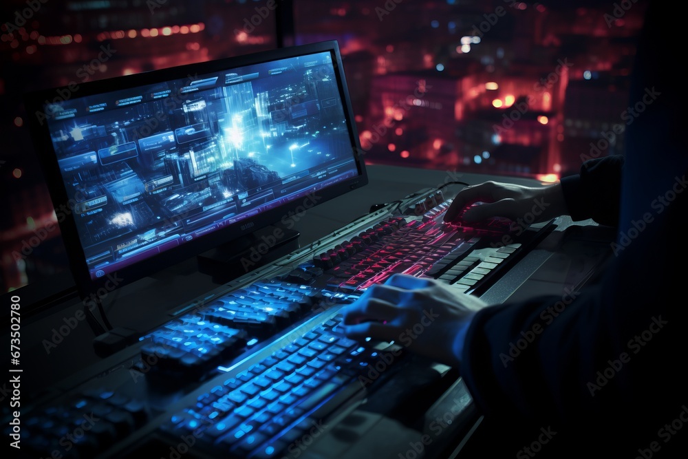 Fototapeta premium Human Hands Typing on Keyboard. Concept of Cybersecurity, Hacking, Data Stealing