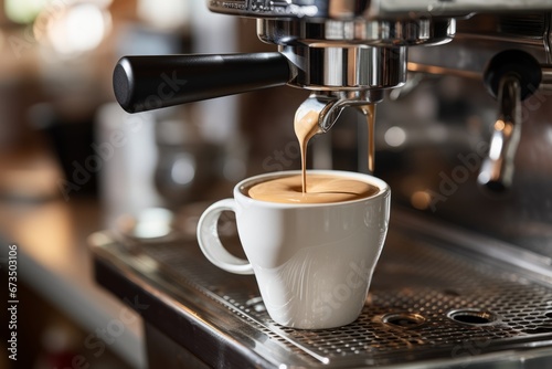 Close-up of Barista Operating a Professional Coffee Machine to Brew Creamy Coffee into a White Cup