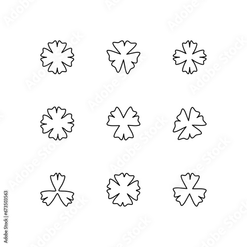 Set of clover icon with three and four petals Black outline shamrock plant isolated on white background Saint Patrick day Floral decoration elements Good luck charm Vector
