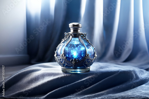 Shiny silver embroidered, unique and glowing blue translucent magic elixir potion bottle - Generative AI