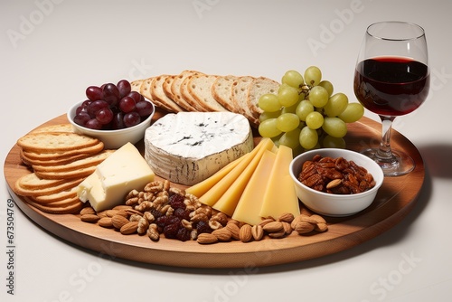 Delicious Cheese Selection on Wooden Plate with Grapes, Crackers and a Glass of Red Wine