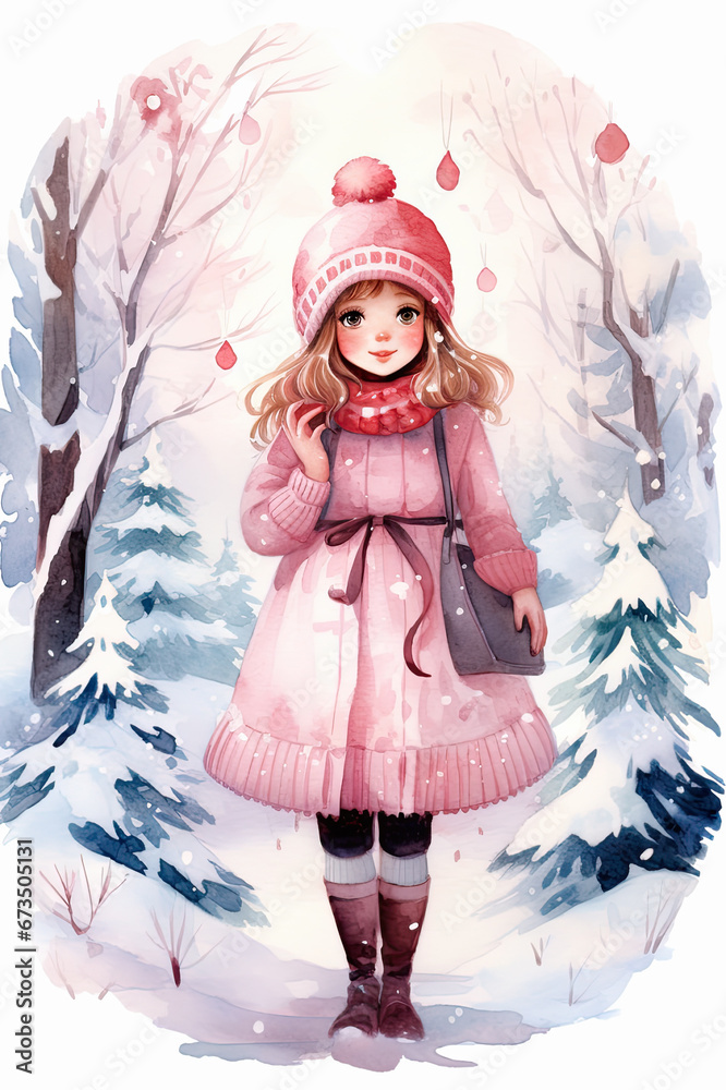 acuarela de una niña vestida con ropa de invierno en bosque nevado