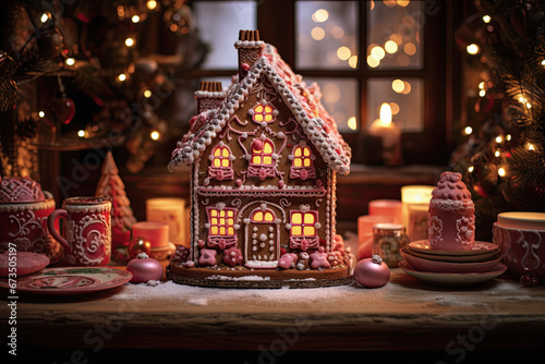 casita de jengibre junto a decoración navideña y árbol de navidad sobre repisa de madera y ventana