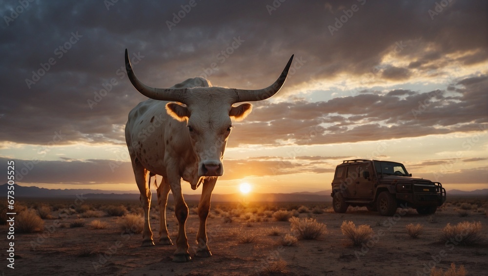 A cattle ranch, nestled in the desert, stands silhouetted against the setting sun. Generative IA