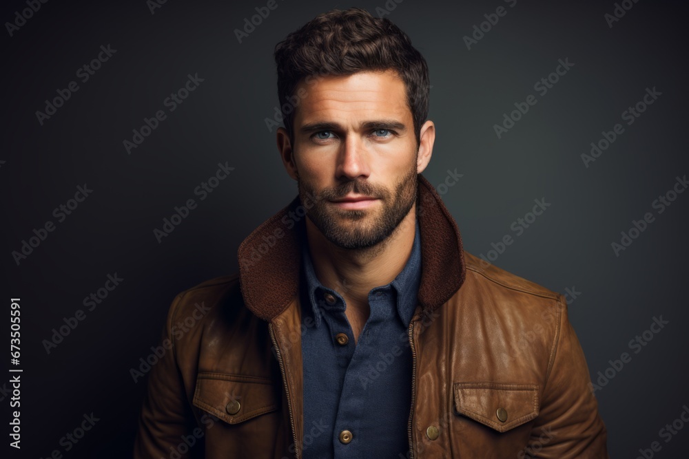 Portrait of a handsome young man in a leather jacket. Men's beauty, fashion. Portrait of a handsome young man in a leather jacket. Men's beauty, fashion.