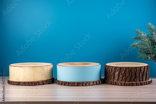 Three Natural Wooden Saw Stumps with Realistic Bark for Product Presentation on Blue Background