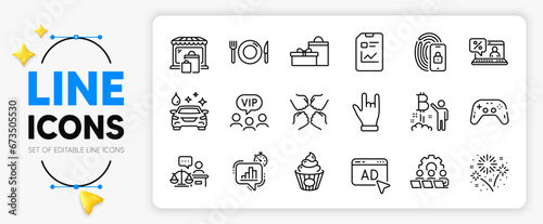 Bitcoin project, Teamwork and Squad line icons set for app include Cake, Horns hand, Gifts outline thin icon. Report document, Lock, Vip clients pictogram icon. Statistics timer, FireworksAd. Vector