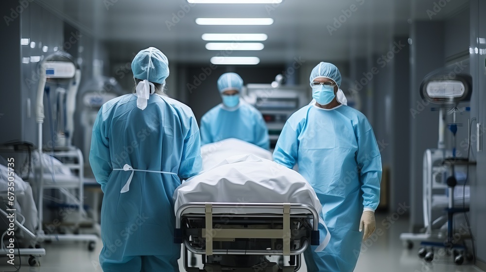 The medical staff rolls the operating table down the hall. People in washing clothes in the hospital. Concept: provision of services, urgent surgery The medical staff rolls the operating table down the hall. People in washing clothes in the hospital. Concept: provision of services, urgent surgery