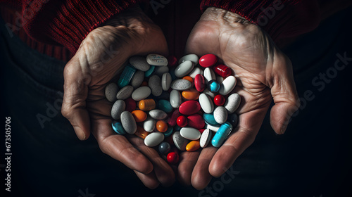 Old Woman holding colorful antidepressants on blue background, top view