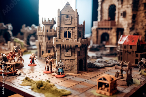 Roleplaying tame tabletop scenario with miniature and modular terrain photo
