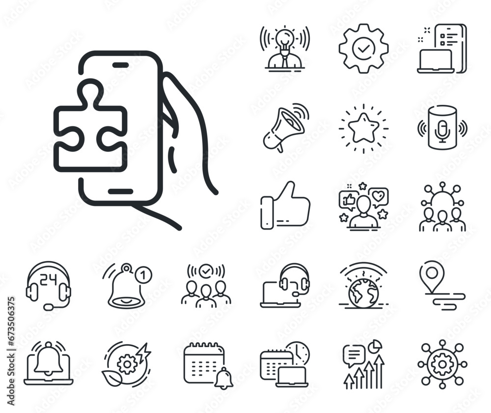 Jigsaw piece with phone sign. Place location, technology and smart speaker outline icons. Puzzle game line icon. Business challenge symbol. Puzzle game line sign. Vector Jigsaw piece with phone sign. Place location, technology and smart speaker outline icons. Puzzle game line icon. Business challenge symbol. Puzzle game line sign. Vector