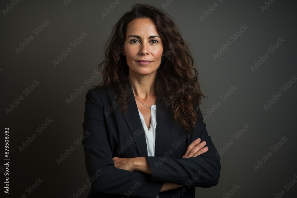 Portrait of a confident businesswoman with arms crossed over grey background Portrait of a confident businesswoman with arms crossed over grey background