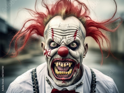 Very scary scary clown, paranormal sinister monster. Blood, fear, masquerade, Halloween mask