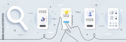 Sun protection, Dont touch and Dumbbell line icons pack. Phone screen mockup with 3d star, alert and chat message. Mental health, Night cream, Salad web icon. Rubber gloves, Balance pictogram. Vector