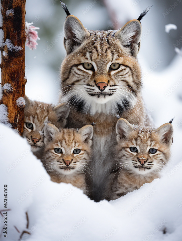 A Photo of a Bobcat and Her Babies in a Winter Setting