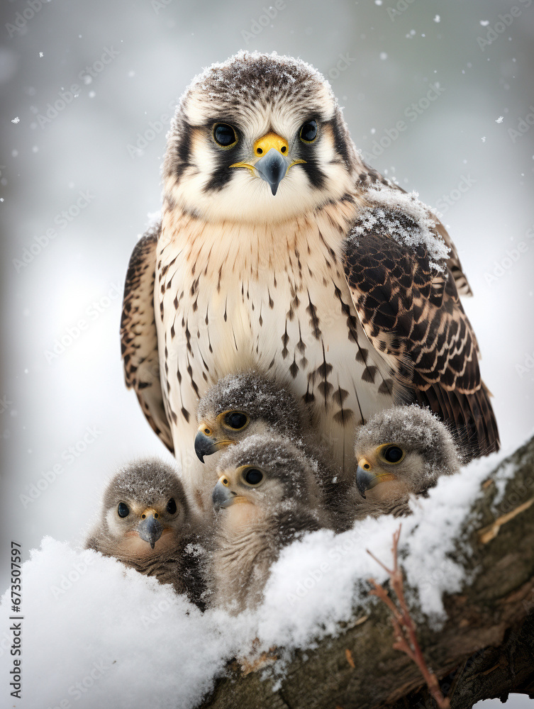 A Photo of a Falcon and Her Babies in a Winter Setting