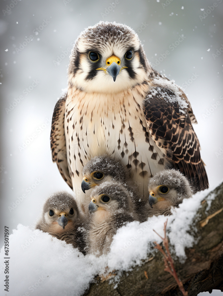 Obraz premium A Photo of a Falcon and Her Babies in a Winter Setting