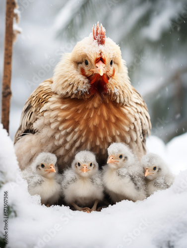 A Photo of a Chicken and Her Babies in a Winter Setting © Nathan Hutchcraft