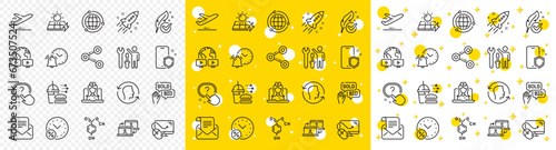 Outline Question button, Globe and Computer mouse line icons pack for web with Plane, Startup rocket, Outsource work line icon. Face id, Hypoallergenic tested, Telemedicine pictogram icon. Vector
