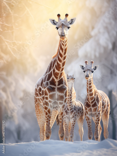 A Photo of a Giraffe and Her Babies in a Winter Setting