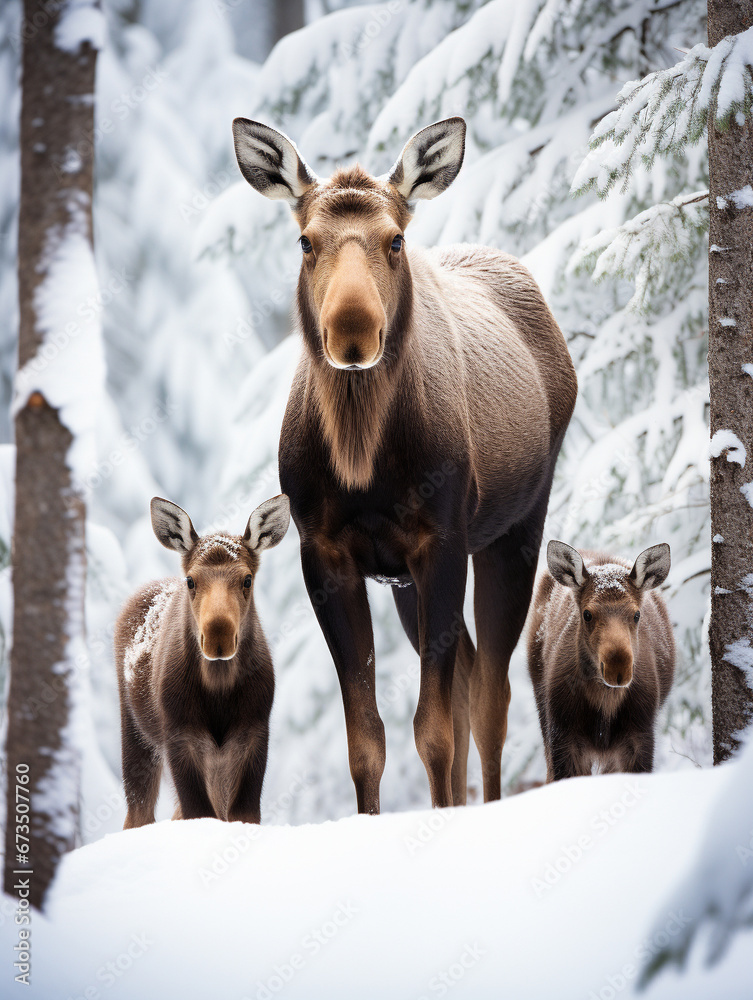 A Photo of a Moose and Her Babies in a Winter Setting A Photo of a Moose and Her Babies in a Winter Setting