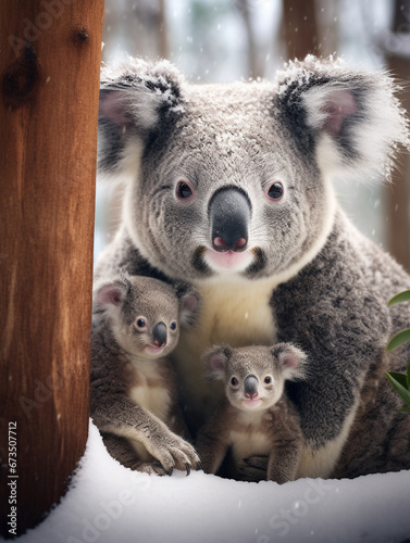 A Photo of a Koala and Her Babies in a Winter Setting