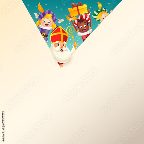 Saint Nicholas Sinterklaas and friends helpers celebrate holidays - greeting card template