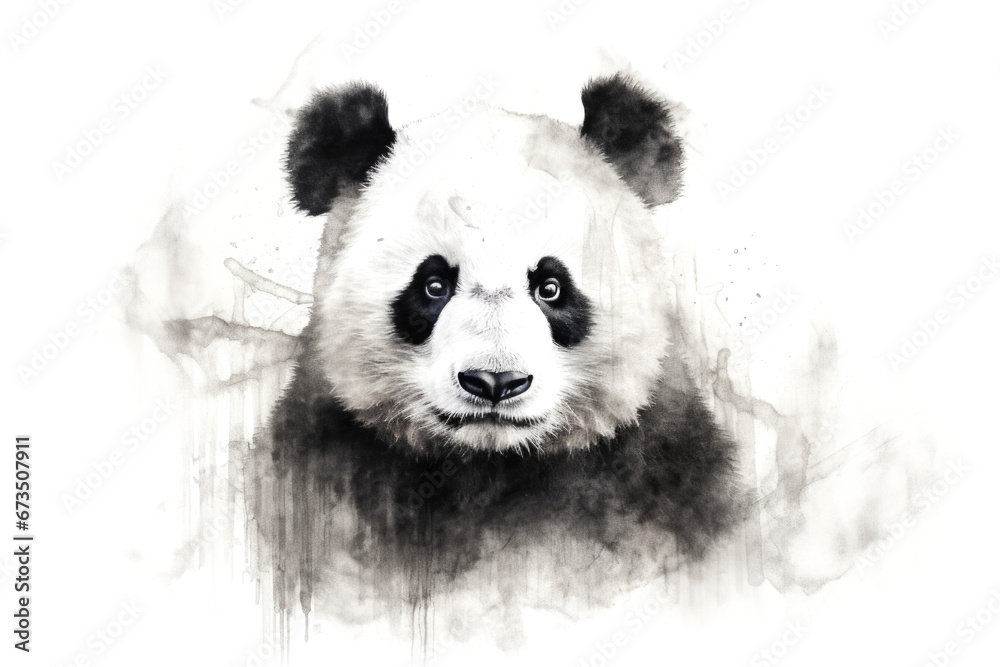 Panda Portrait in Black and White Graphic Isolated on White Background