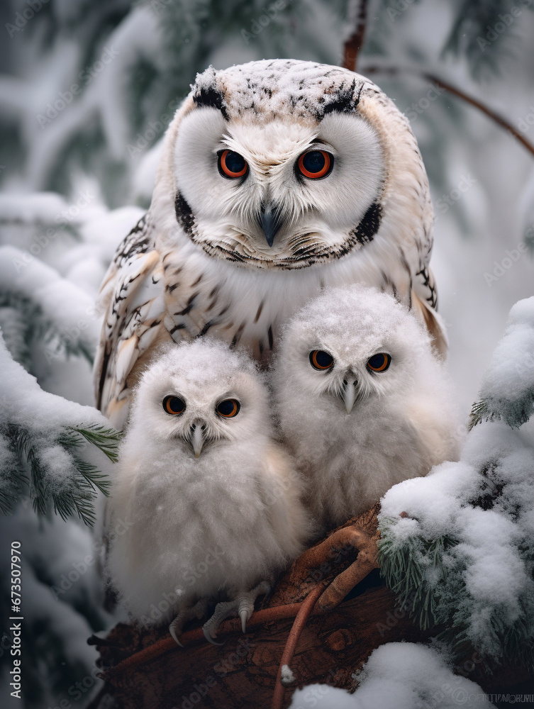 Obraz premium A Photo of an Owl and Her Babies in a Winter Setting