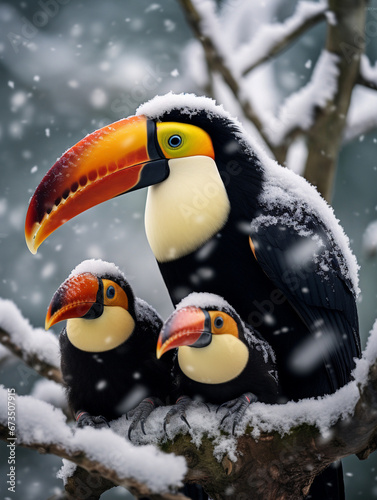 A Photo of a Toucan and Her Babies in a Winter Setting