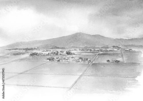 山と田園風景の水墨画