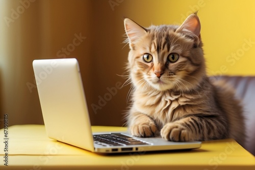 serious cat working at a laptop on a yellow background, surprise © Yuliia