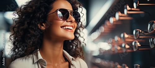 A female shopper examining sunglasses appears joyful photo
