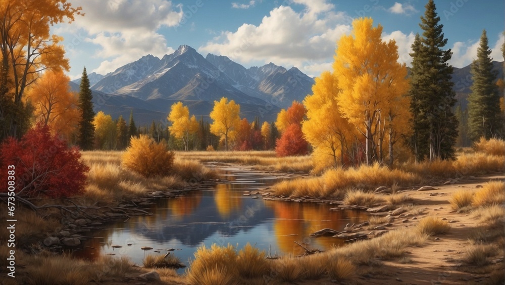 Autumn river in a colorful forest with snow-capped mountains in the background. Generative AI.