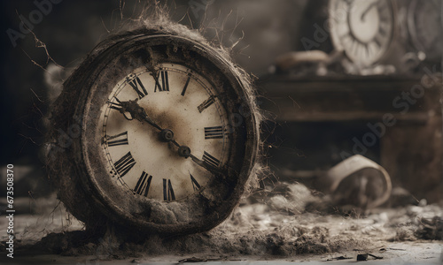 Time has run out, no time left, wasted time, our best days are behind us, it's too late, dusty old clock, death, decay, neglect