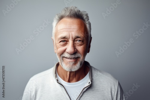 Handsome senior man looking at camera and smiling while standing against grey background