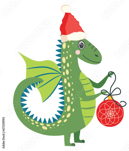 Year of the Dragon 2024  Chinese calendar. Cute green christmas dragon in santa hat