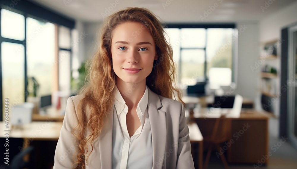 Young Businesswoman with Curly Blonde Hair in Light-Filled Office Space. Young Businesswoman with Curly Blonde Hair in Light-Filled Office Space.