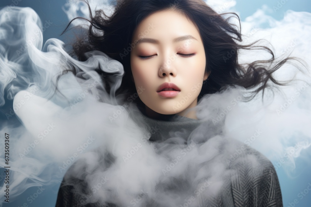 A woman enveloped in soft smoke against a blue backdrop, eyes closed, with flowing hair and serene expression.