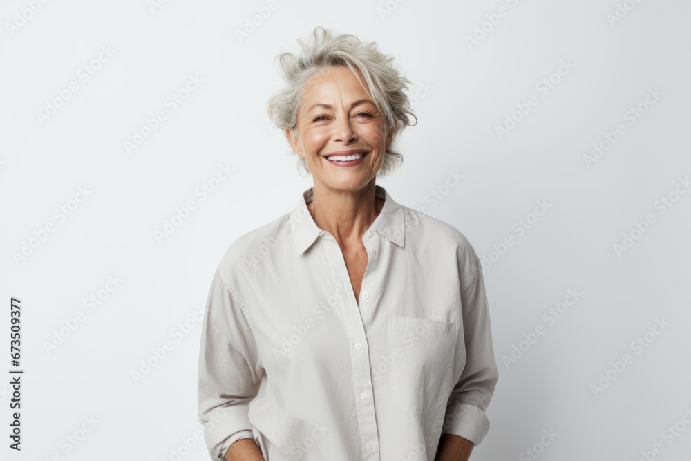 Portrait of happy senior woman with short hair smiling at camera. Portrait of happy senior woman with short hair smiling at camera.
