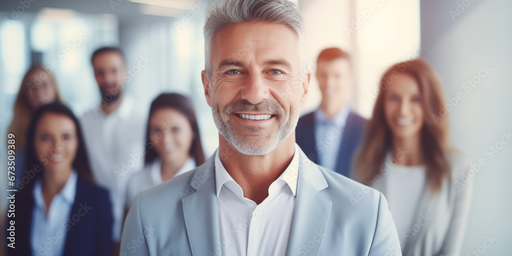 Portrait of businessman team leader, blurred group of business people on background. Male ceo smiling and looking at camera. Leadership concept